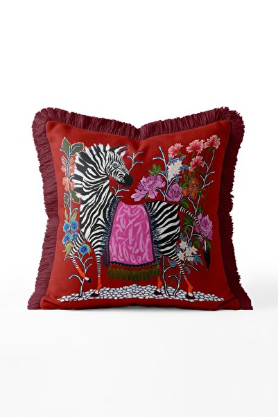 IdeCraft Exotic Zebra Motif Fringed Cushion Cover - Red Color Pillowcase with...
