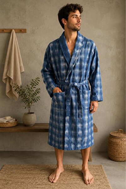 Çeyiz Diyarı Checkered Shawl Collar Single Bathrobe Blue