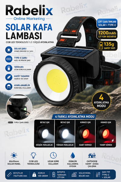 Rabelix Online Marketing Güneş Enerjili Solar Kafa Lambası COB LED Type-C Şar...