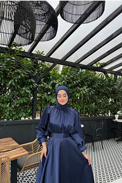 Nika Fashion Lia Lacivert Önü Büzgülü Şanel Saten Kumaş Lüks Tesettür Abiye E...