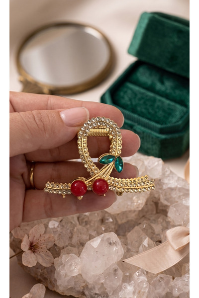 Lotus luxury Kiraz Figürlü Metal Kaplama Taşlı Fiyonk Mandal Toka ( Mini Boy )