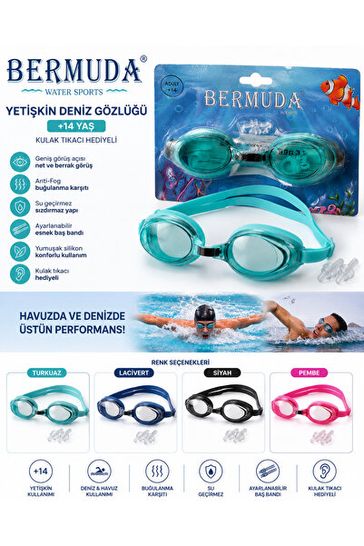 BERMUDA Yetişkin Yüzücü Gözlüğü + Kulak Tıkacı Seti | Anti-Fog Deniz ve Havuz...
