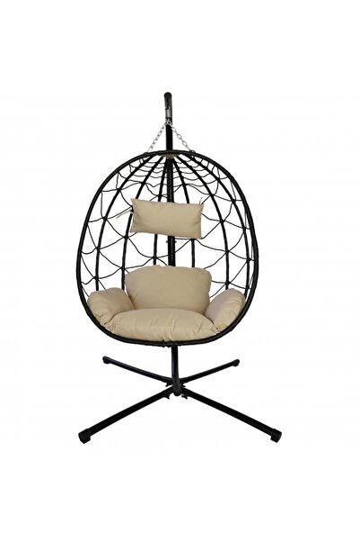 DE HOME Leagan tip cuib DeHome Joy P1000 negru cu suport inclus, perna bej, p...