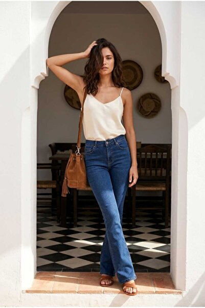 hies Women's Blue Spanish Flare Jeans High Waist Spanish Flare Lycra Jeans