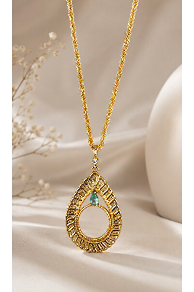 Vipfoni Zircon Stone Half Gold Pendant with Frame and Rope Chain 60 cm - M6