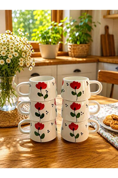 CEYU SERAMİK Set of 6 Red Poppy Patterned Ceramic Coffee Mugs