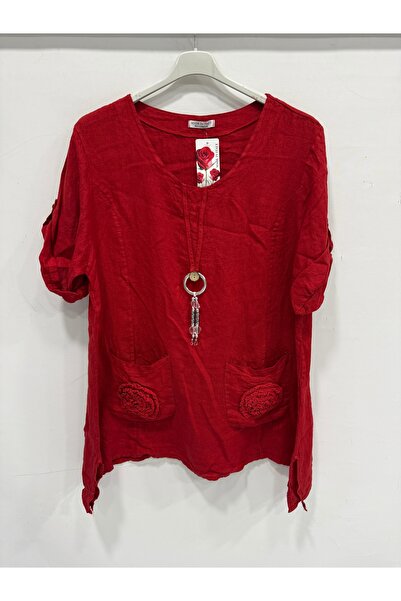 della moor Women's Red Italian Folded Short Sleeve Oversize Linen Tunic 40 - ...