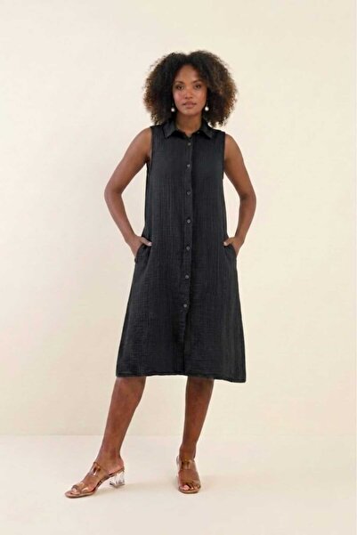 madam trend Black Women's 100% Cotton Muslin Fabric Pocketed Buttoned Sleevel...