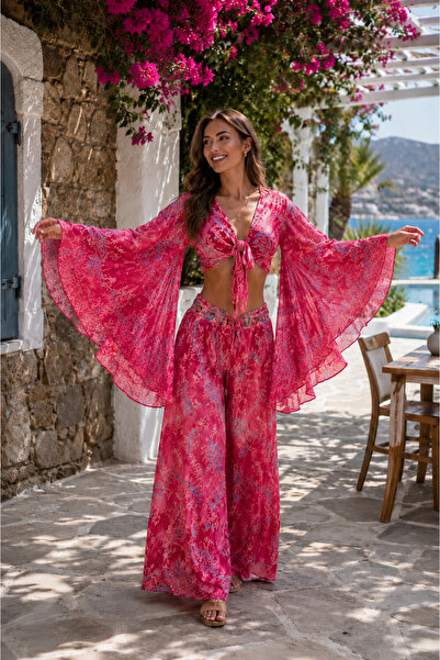 laviyonsa Bolero cu mâneci fluture și pantaloni brodați, set colorat din mătase