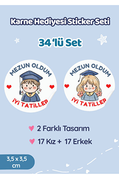 Miko Miko Şeyler 34'Lü Mezun Oldum Kız-Erkek Temalı Karne Hediye Paketleme Et...