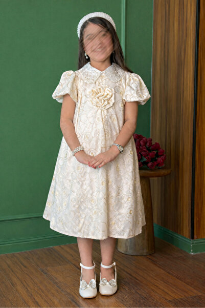 Jo Girls' dress with embossed circle and rose pattern in beige color - 3 years