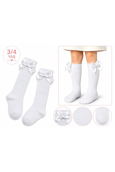 BNA Comfortstep Kız Çocuk Beyaz Fiyonklu Diz Altı Çorap 3-4 Yaş | Dantel Dese...