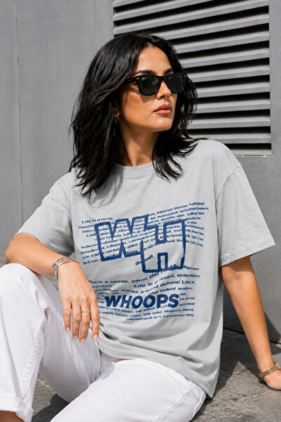 Merci Women's Gray Color Oversize Whoops Printed Lycra Crew Neck T-Shirt (95%...
