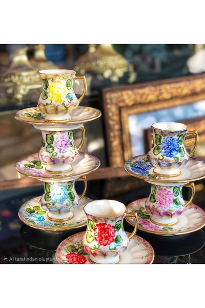 BY.RAYKA PORSELEN El Dekor Ortanca Porcelain Hand-Painted 6-Piece Cup Set