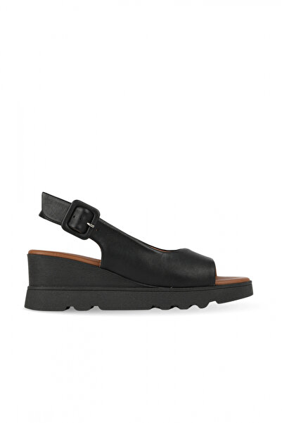BUENO Black Khv Leather Women's Wedge Heeled Sandals