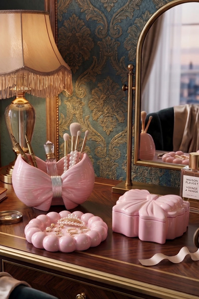 SOUL AND HEAT Decorative 3-Piece Pink Set, Multi-Purpose Storage Box, Pink Sugar Bowl, Candle Holder with Lid, Makeup Organizer, Home Gift, Jewelry, Presentation Holder