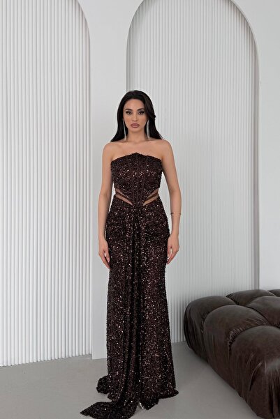 Serica Moda Kahverengi Straplez Bel Detaylı Pul Payet Abiye Elbise