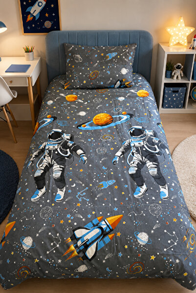 LaLiva Astronaut-Themed Children's Duvet Cover Set with Single Elastic Sheet,...