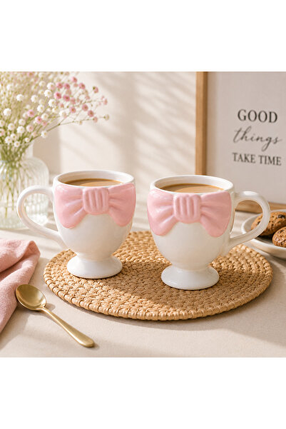ARVALE 2 Adet Pembe Fiyonk Detaylı Ayaklı Seramik Kahve ve Çay Kupası