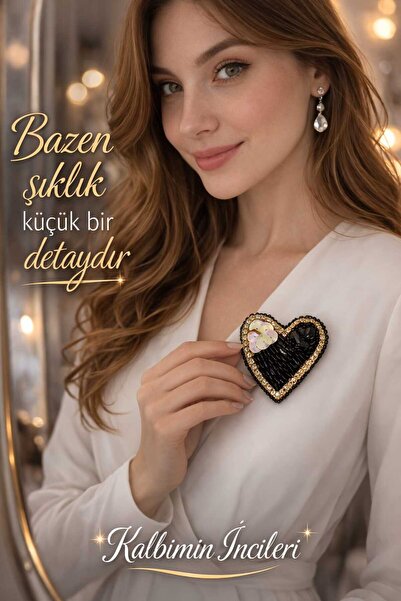 KALBİMİN İNCİLERİ EL İŞÇİLİĞİ NOİR ZARAFET KALP BROŞ