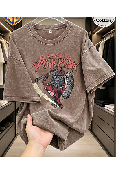 Toum Amazing Spider Punk Printed Unisex Washable Vintage Oversize T-Shirt