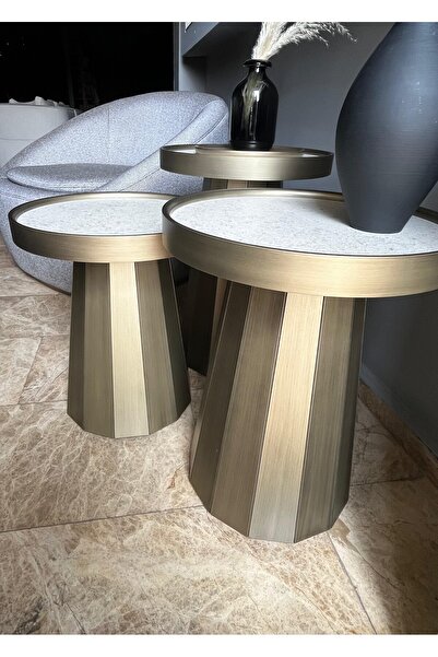 SHADE DESIGN Vetra Calcalıo Bronz Eskitme Seramik Zigon Sehpa 3’lü Set – Ultr...