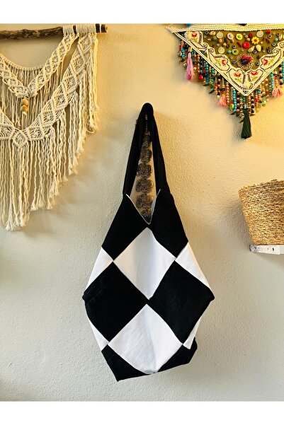 İYİGÜN Patchwork Kot Kumaş Siyah Beyaz Omuz Çantası