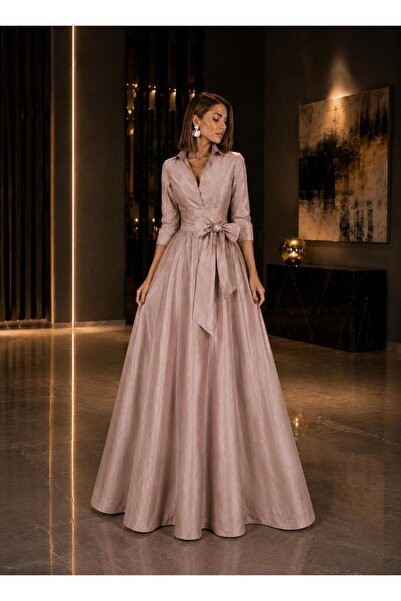 ALYEL NAKER Truvakar Sleeve Detailed Powder Pink Taffeta Maxi Shirt Dress