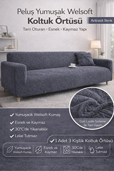 elyar Pelüş Düz 3 Kişilik Welsoft Kanepe Örtüsü | Lastikli Koltuk Örtüsü |çek...