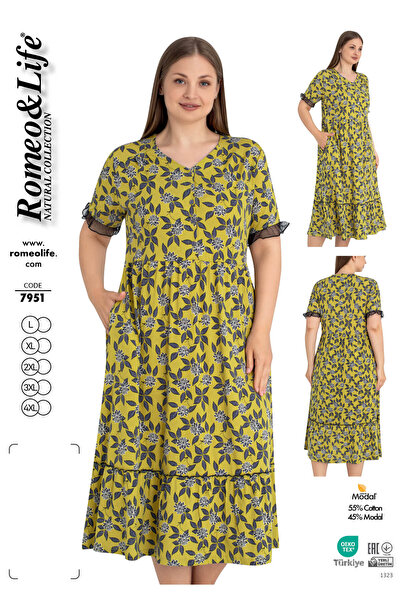 ROMEO LİFE Women's Plus Size Cotton Modal Fabric Patterned Buttoned Dress 7951