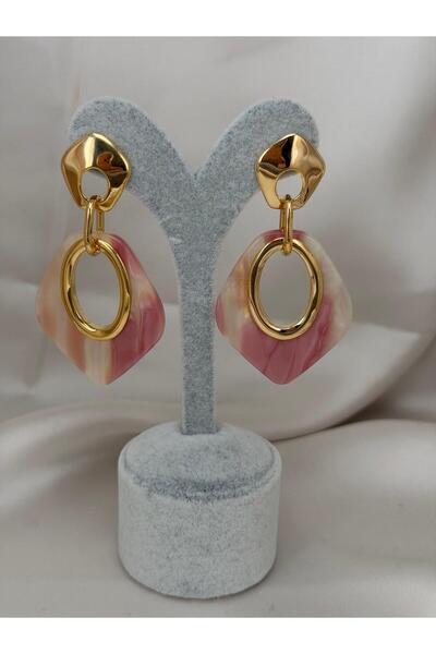 ZS Aksesuar Gold Color Geometric Ringed Marble Pattern Pink Acrylic Dangle Ea...