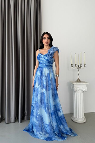 Serica Moda Blue Strappy Shoulder Detailed Patterned Long Evening Dress