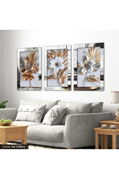 Evinemoda Textured Appearance White Flower 3 Piece Plexiglass Mirrored Painting