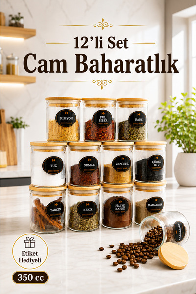 naturelove 12'li Çizgili Cam Baharatlık Seti - Etiket Hediyeli Ahşap Kapaklı ...