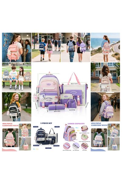 HI-FINE 5-Piece School Backpack Set for Girls Boys, Cute Casual Student Backpack with Tote Bag, Pencil Case, Crossbody Bag & Coin Purse, Lightweight Large Capacity Daypack