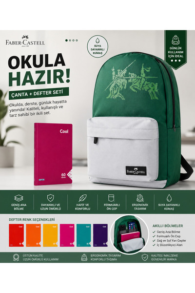 Faber Castell Suya Dayanıklı Okul Sırt Çantası + A4 Cool Defter HEDİYELİ | Ha...