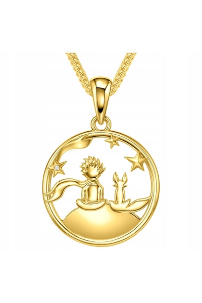 Larezo 925 Silver Necklace with Gold Plated, Little Prince Pattern with Fox a...