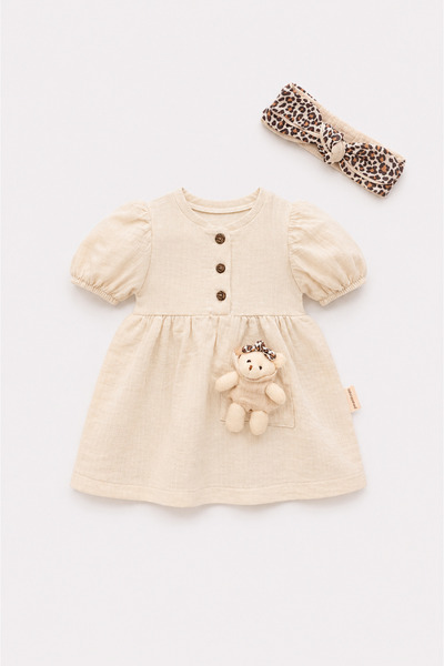 Pmini Leopar Ayı Oyuncaklı Ekru Bebek Elbise