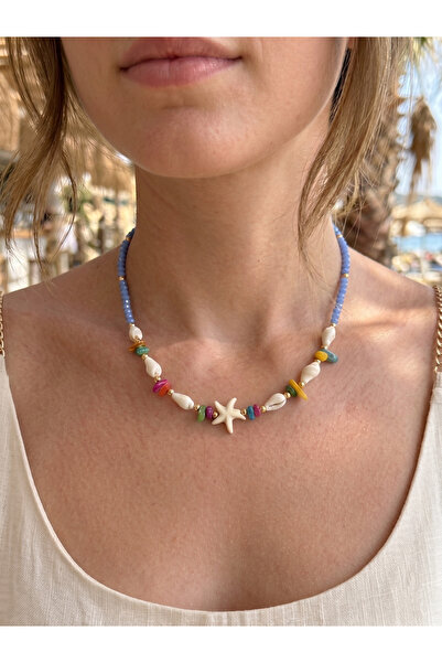 Vinlora Design Blue Crystal Beaded Summer Necklace with Starfish and Shell De...