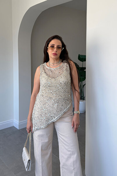 MAGARDE Asymmetrical Cut Imported Sequin Embroidered Blouse with Inner Lining...