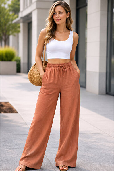 ikomteks Tile Linen Look Elastic Waist Palazzo Trousers