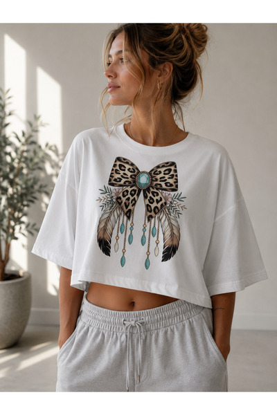 NUATEX Bohem Leopar Fiyonk Tüy Detaylı Oversize Crop Kadın Tişört