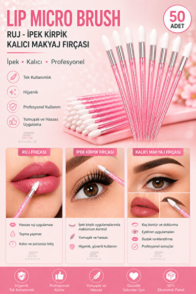ERHCE Lip Brush Ruj, ipek Kirpik , Kalıcı Makyaj Fırçası Micro Brush 50 Adet