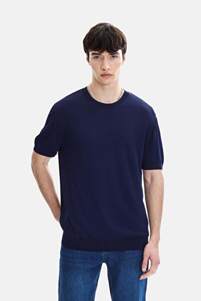Back And Bond Navy Blue Regular Fit Crew Neck Knitwear T-Shirt