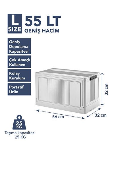 Lavine ”LARGE” Portatif Organizer Kasa 55 LT Kapaklı, Katlanır, İstiflenebilir Çok Amaçlı Depolama Kutusu