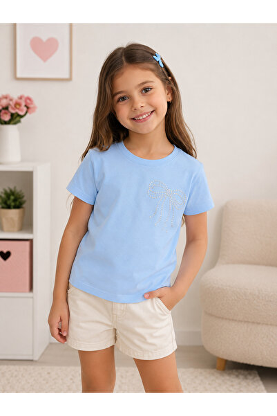 Tuffy Girls' T-Shirt with Bow and Stone Detail – Light Blue
