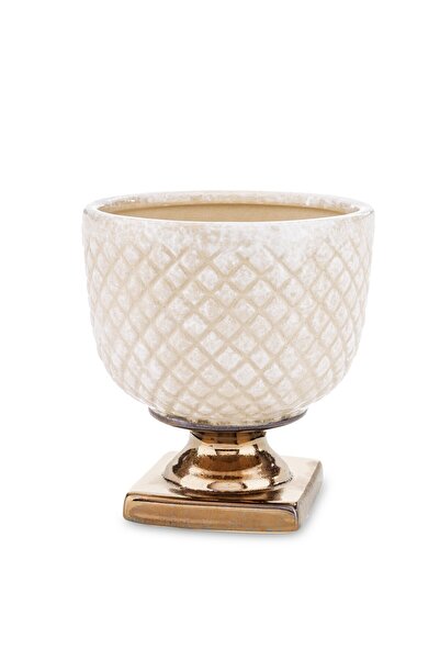 DecoDepot Ceramic pot cup type, white/gold, 16.5x15.5x15.5 cm