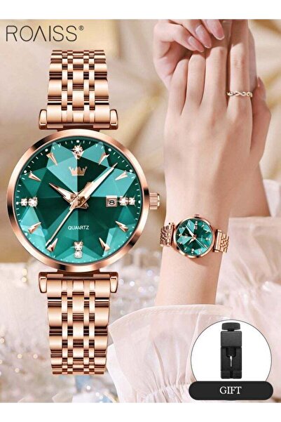 ROAISS Women's Steel Strap Quartz Watch Round Green Dial Diamond Cut Mirror W...