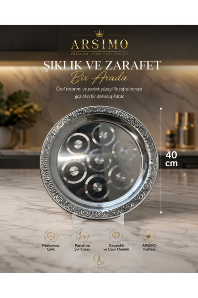Arsimo OTANTİK DESENLİ PASLANMAZ TEPSİ 40CM SUNUM | KAHVE | SÖZ | NİŞAN | SOF...