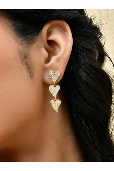 Evorya Women's Steel Zircon Stone Row Heart Earrings Gold